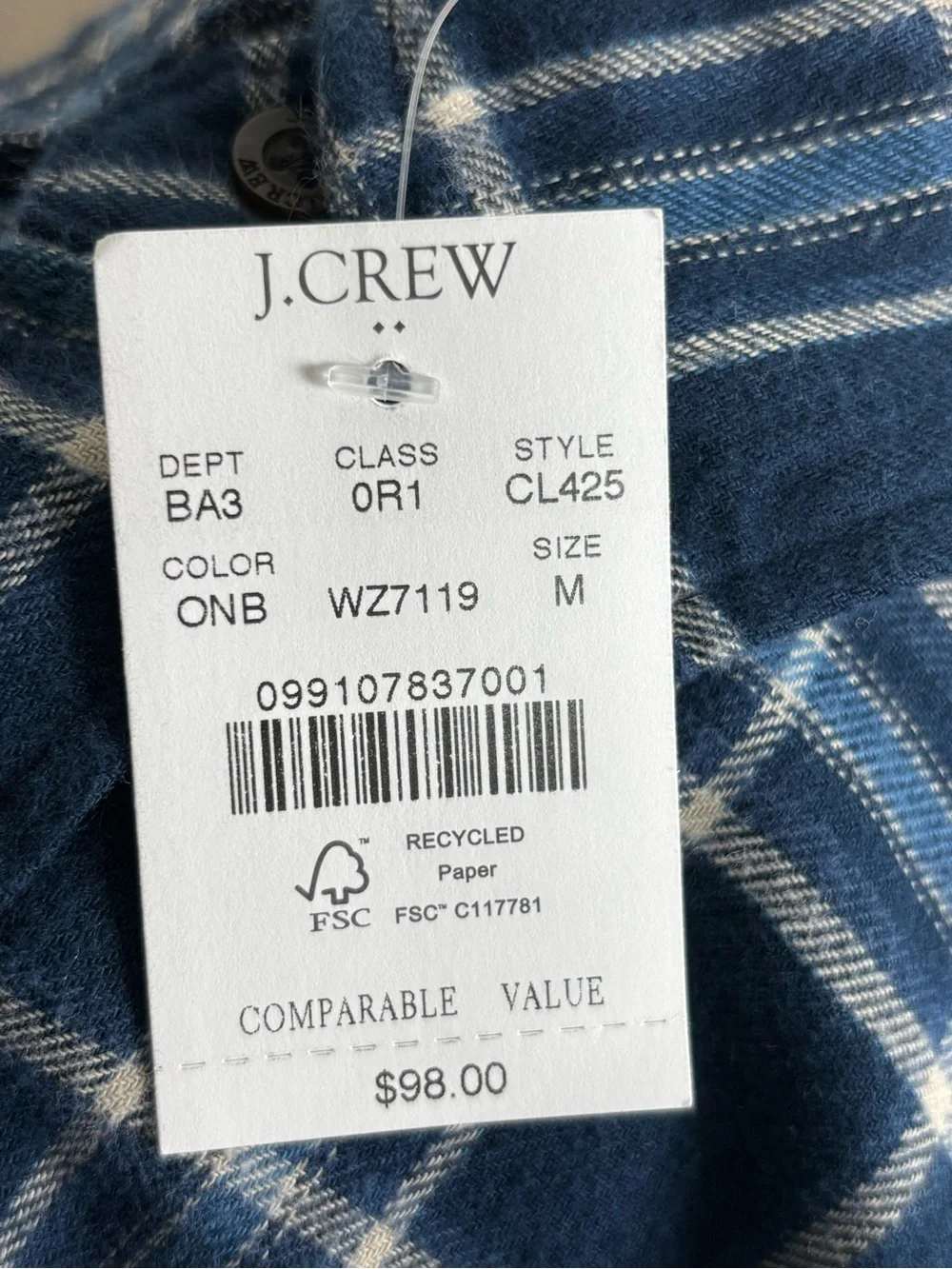 J.Crew Men’s 100% Cotton Brushed Twill Plaid Shirt Navy Blue Medium NWT